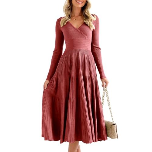 Saodimallsu Womens Long Sleeve Midi Sweater Dress Wrap V Neck Pleated A Line Fit Flare Elegant Knit Maxi Dress