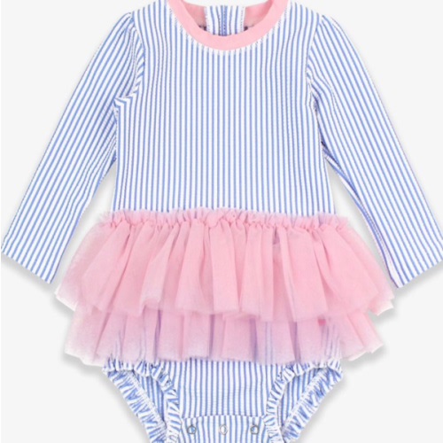 Seersucker Tulle Skirted One Piece Rash Guard Swimsuit
