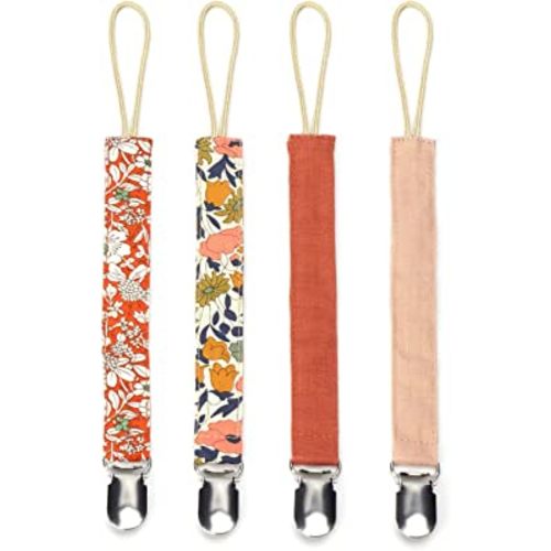 Pacifier Clips Baby Girl, Binky Clip Holder, 4 Pieces, Cotton and Linen Soft Fabric, for Babies During Teething