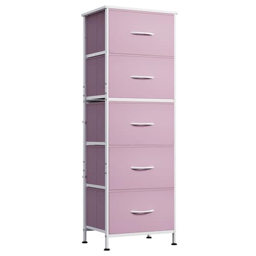 WLIVE Tall Dresser for Bedroom, 5 Drawer Dresser, Pink | 5 vertical fabric drawers, Tall vertical design, Bedroom or closet use, Dresser for small spaces, Chest of drawers