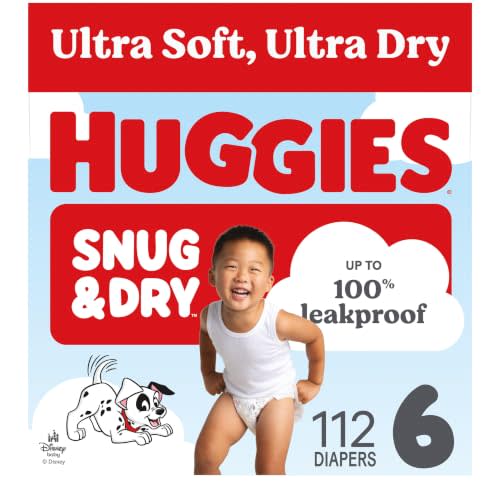 Huggies Snug & Dry Diapers Size 6, 112 Count | Ultra Soft and Ultra Dry, Day & Night Protection, GentleAbsorb Liner, Wetness Indicator, Fragrance Free, No Parabens