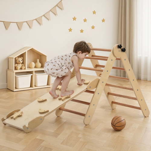Pikler Triangle Set, Caveen Montessori Climbing Set, Foldable Wooden Climbing Toys, Adjustable Height and Angel, Indoor Jungle Gym for Toddlers 0.5-6 Years Old