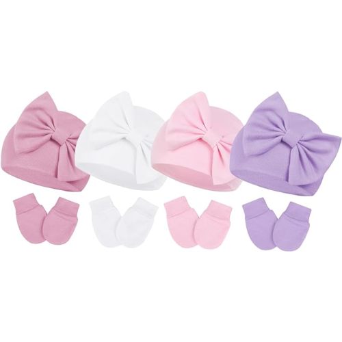 Newborn Baby Girl Hats and Mittens Set, Hospital Hat, Bow Beanie Infant Gift, Soft Cotton Gloves for 0-6 Months