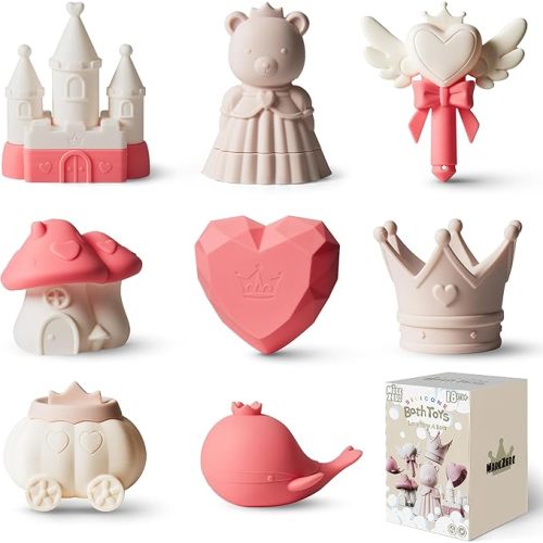 MarcZero Princess Silicone Bath Toys 8Pcs for Toddlers Kids Babies,Bathtub Water Toys,Soft Squeezable Easy-Grip Pool Toys Set (Peach Pink)