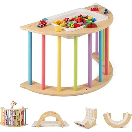 INFANS Wooden Arch Climber Rocker with Soft Cushion, 6 in 1 Montessori Climbing Toys for Toddlers, Waldorf Indoor Table Baby Children Ladder Gym Learning Playset Gift for Kids Boys Girls (Colorful)