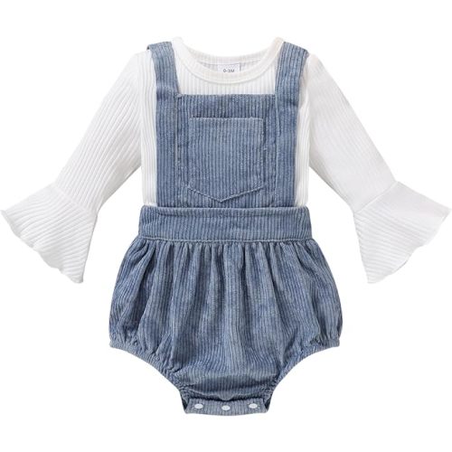 Tiny Cutey Newborn Baby Girl Clothes Bell Sleeve Romper and Corduroy Overalls Shorts Infant Girl Fall Outfits