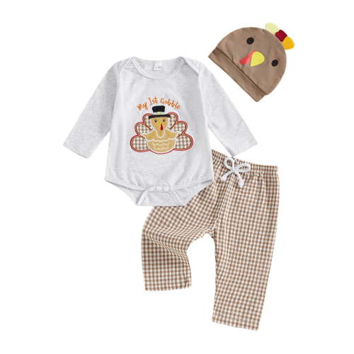 DHFJKG Outfits Thanksgiving Baby Boy Outfit Fall Turkey Applique Jumpsuit Plaid Pants With Hat For Infant Toddler Autumn Long Sleeve Round Neck Soft Suit
