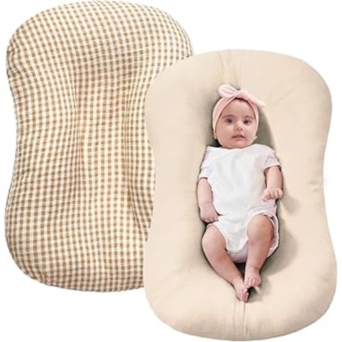 FUNUPUP Muslin Baby Lounger Cover Compatible with Snuggle Me Lounger, Infant Pillow Cover for Newborn, Removable Nest Slipcover for Boys and Girls, Only Cover, Beige and Plaid