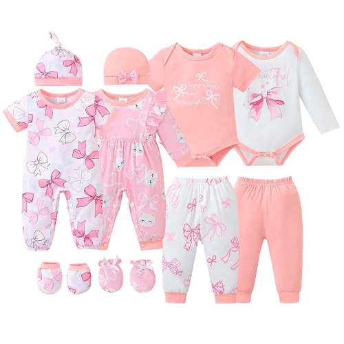 KIMI BEAR Newborn Baby Girl Layette Set Shower Gift Sets 4 Packs Romper Pants Sets Long Sleeves Short Sleeves Bowknot Bodysuit with Hat Gloves 10pcs Pink Preemie