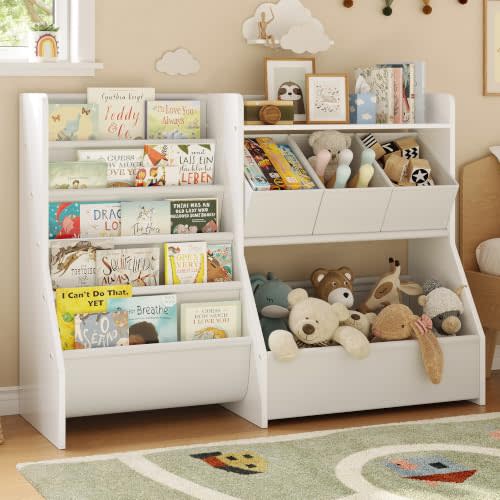 FOUCSSOMEI Kids Toy Storage Organizer with Bookshelf for Playroom Nursery | Soft fabric book pockets help toddlers choose books independently and develop reading habits Patent Design