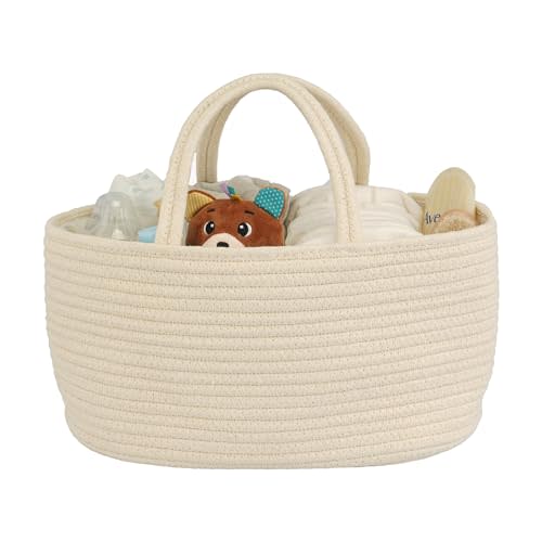 JUNBOLE Diaper Caddy Organizer Cotton Rope Baby Basket Nursery Storage and Portable Tote Bag for Car Ideal Baby Shower Gifts and Registry Must-Have for Newborn Essentials Large beige