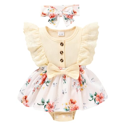 Sinhoon Baby Girl Clothes Newborn Ruffled Sleeveless Romper Floral Dreesy Bodysuit Heaedband 3pcs Baby Girl Summer Clothes