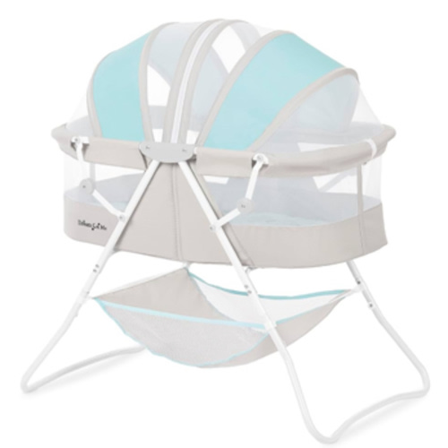 Dream On Me Poppy Traveler Portable Baby Bassinet, Breathable Mesh Airflow Panels, Compact and Lightweight, Quick Fold Travel Friendly Design, Anti-Slip Legs, Travel Bag and Mattress Included- Blue