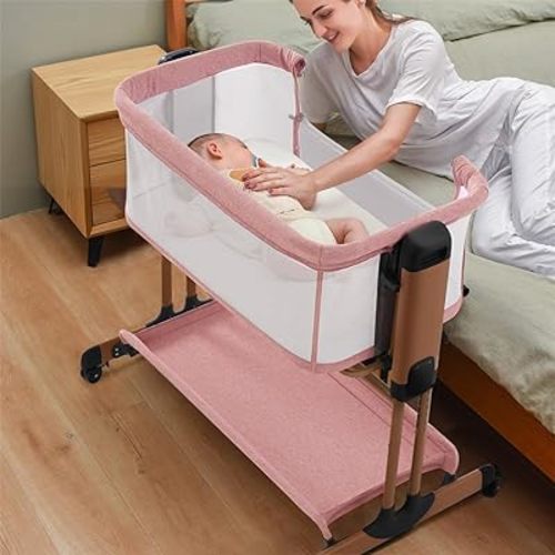 Jaoul 3-in-1 Rocking Bassinet for Baby Adjustable Baby Bassinets Bedside Sleeper with Wheels Storage Basket and Mesh Sides for Newborn Infant (Pink)