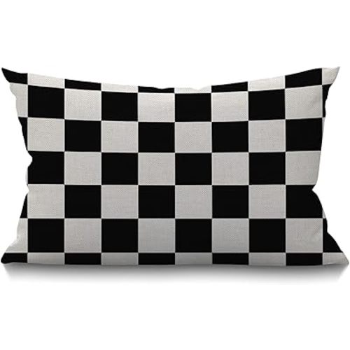 Smooffly Checkerboard Decorative Throw Pillow Cover Case Geometric Checkered Plaid Pattern Black and White Cotton Linen Pillow Cases Oblong Rectangle Cushion Covers for Couch Sofa Bed 12x20 Inch