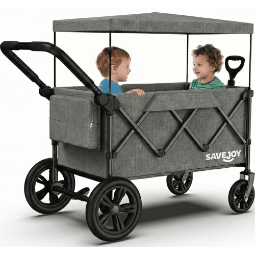 Wagon Stroller for Kids, SaveJoy 3-in-1 Collapsible Stroller Wagon for 2 Toddlers with Removable Canopy, 5-Point Harness, All-Terrain Wheels