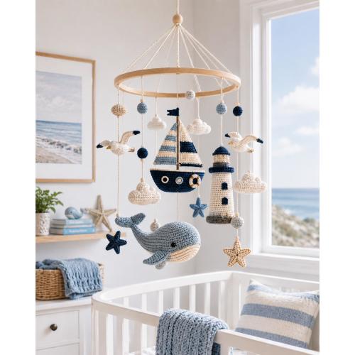 Nautical Crochet Baby Mobile, Whale Sailboat Crib Mobile, Lighthouse Ocean Nursery Decor, Handmade Coastal Baby Shower Gift
