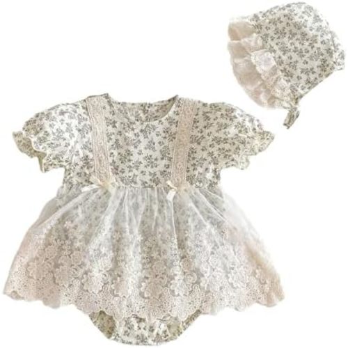 Baby Girl Floral Romper, Long Sleeve Lace Dress Bodysuit with Bonnet, Princess Style Outfit for Newborn and Infant
