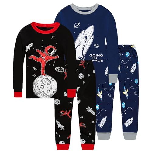 Little bety Boys 4 Piece Cotton Pajamas Long Sleeve Toddlers Pjs 24M-12Year | Soft Sleepwear Sets With Truck ，Dinosaur，Space， UFO ，Shark Prints For Kids