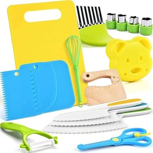 17 Pcs Real Kids Cooking Kitchen Tools Set, Safe Wooden Kitchen Knives for Junior Home Cooking Use