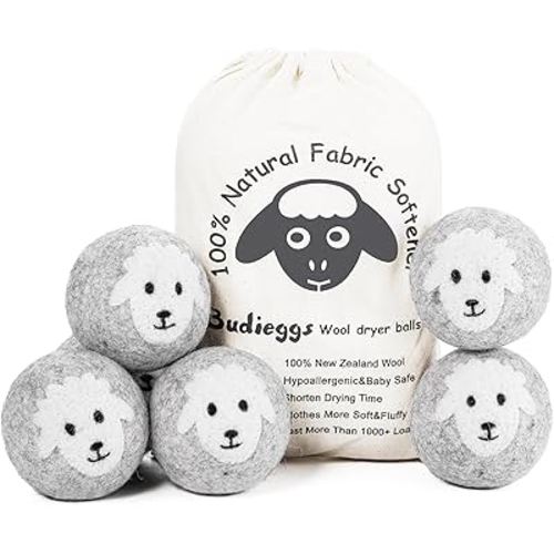 Wool Dryer Balls Organic XL 6-Pack, 100% New Zealand Chemical Free Fabric Softener for 1000+ Loads, Baby Safe & Hypoallergenic, Reduce Wrinkles & Shorten Drying Time Naturally (Grey Sheep)
