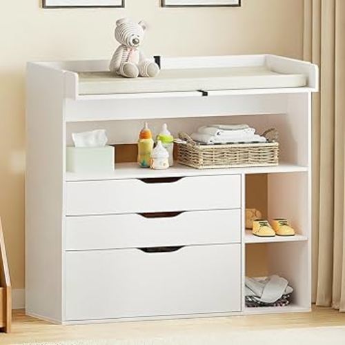 Pipleo Baby Changing Table Dresser with 3 Drawers and 3 Storage Shelves, Can be Used as a Baby Dresser with Changing Table Top, a Baby Changing Station, a Wood Diaper Changing Station (White)