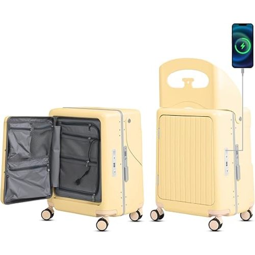 smilesun 20" Carry On Luggage with Seat For Kids & Adults，Hardside Ride On Suitcase Front Opening with 360°Spinner and TSA Lock For Travel (Yellow with Front Open, 20")