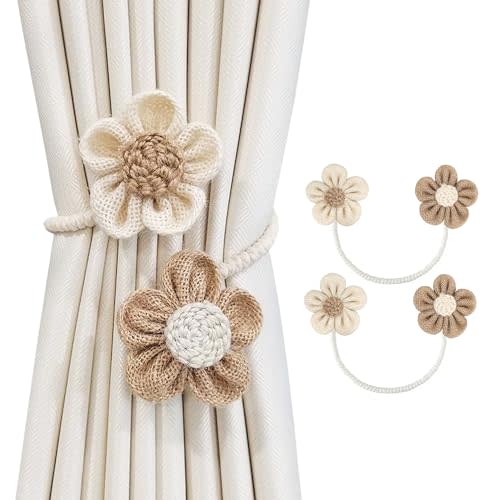 SRG Rope Curtain Tiebacks 2 Pack | Sunflower Curtain Tieback Boho | Simple Elegant DIY Curtain Holdbacks | Accessories Wall Decoration for Home Office | Cream&Khaki