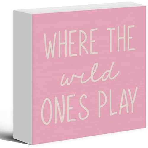 Where The Wild Ones Play Pink Wood Box Sign Desk Decor 5X5, Nursery Kids Room Wooden Block Sign Decorations for Playroom Toddler Boys Girls Room Wall Tabletop Shelf Decor