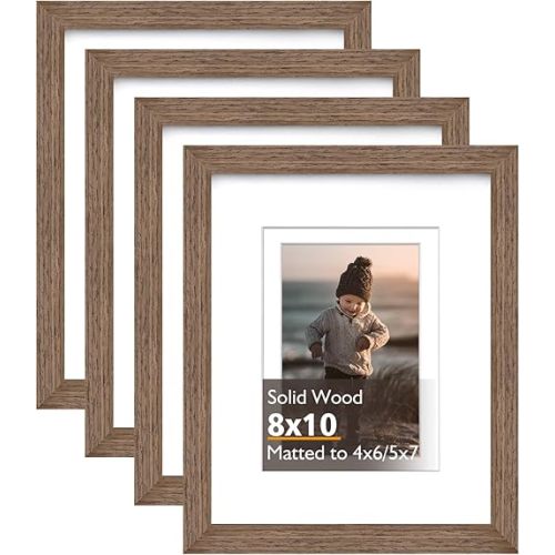 8x10 Picture Frame Brown Wood, Solid Wood Frames with Acrylic Plexiglass for Pictures 4x6/5x7 with Mat or 8x10 without Mat, Tabletop and Wall Display Photo Frame, Set of 4