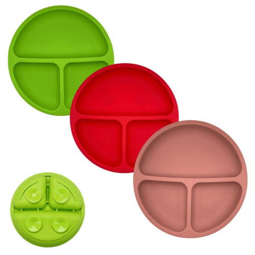 USA Baby Plates, Toddler Plates with Strong Suctions, 100% Silicone, Divided Design with Lids, Perfect for Picky Eaters, 3 Pack
