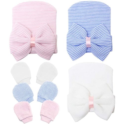 Sarfel Newborn Hats for Girls Hospital Hat Baby Girl Bows and Headbands Infant Beanie Nursery Caps - One Size - 3 Set Hats and Mittens