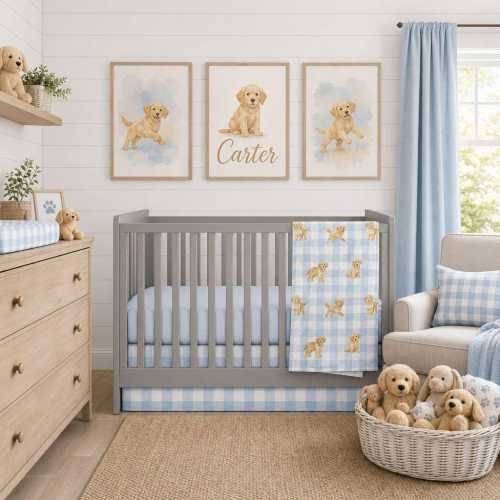 Golden Retriever Crib Bedding: Dog Sheet, Blue Gingham Crib Skirt, Puppy Baby Blanket, Themed Nursery Decor