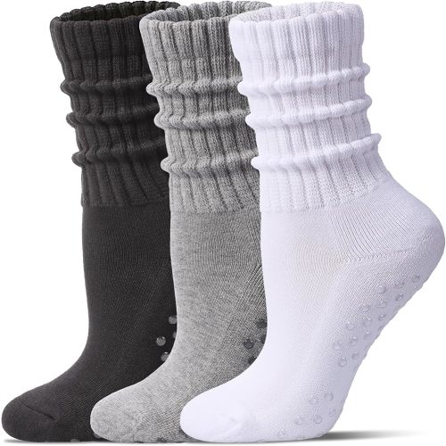Toetally Pilates Socks for Women Mid Calf Slouch Yoga Socks with Non Slip Grippers for Barre Boot Sock 3 Pairs White Grey Black M