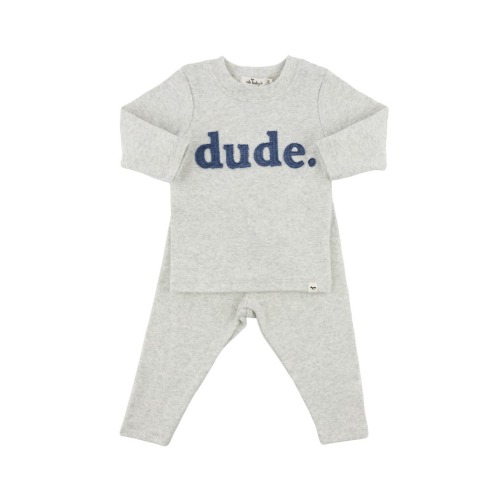 Denim "dude" Ribbed Applique Long Sleeve Two Piece Set