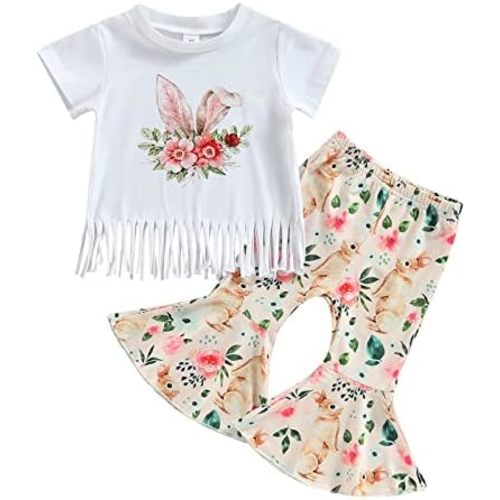 Toddler Baby Girl Easter Outfit Bunny Rabbit Short Sleeve T-Shirt Tops Bell-Bottom Flared Pants Sets Clothes