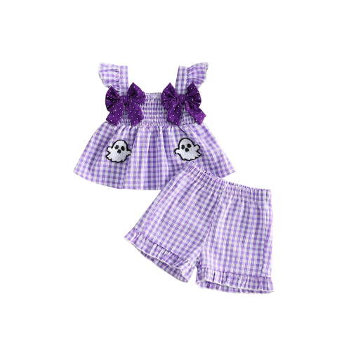 Loicainy Baby Toddler Girl Halloween Clothes Set 6 9 12 18 24 Months 2T 3T Pumpkin/Ghost/Bat Embroidered Plaid Print Fly Sleeve Square Neck Tops and Shorts 2 Pieces Outfits