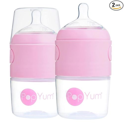 PopYum 5 oz Pink Anti-Colic Formula Making Baby Bottles, 2-Pack | #1 Slow Flow Nipples, 150 ml, BPA-Free, Natural Latch, Mixing Dispenser