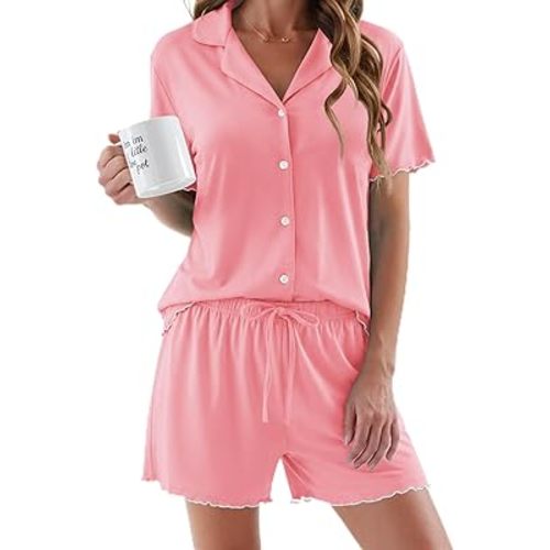 Ekouaer Womens Pajama Sets Button Up Pjs Shorts Sets Soft Sleepwear 2 Piece Lounge Sets for Bridal Parties Postpartum S-XXL