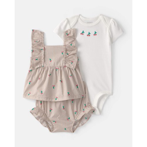 Baby Girl 3-Piece Cherry Striped Outfit Set - Beige/White | Carter's