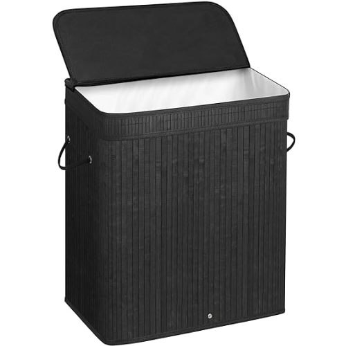 SONGMICS Laundry Hamper with Lid, Bamboo Laundry Basket, Removable Machine Washable Laundry Basket, with Handles, 26.4-Gallons, for Laundry Room, Bedroom, Bathroom, Ink Black ULCB63H