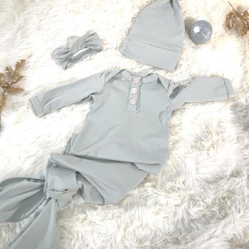 Newborn Pale Green Baby Gown Set: Knotted Hat & Headband - Handmade USA - Going Home Set