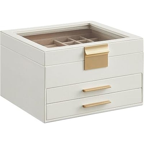 SONGMICS Jewelry Box Organizer with Glass Lid, 3-Layer Jewelry Storage, with 2 Drawers, Modern Style, Christmas Gift, 8 x 9.1 x 5.3 Inches, Cloud White and Gold Color UJBC239WT