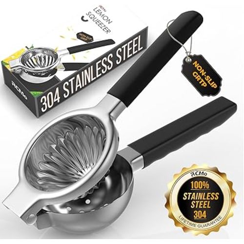 Stainless Steel Lemon Squeezer - Metal Citrus Juicer - Lime Lemon and Fruit Juicer with Silicone Handles - Large Manual Citrus Press Juicer - Hand Held Squeezer - Ergonomic Design with Solid