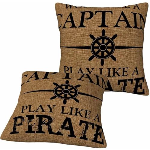 Work Like a Captain Play Like a Pirate Throw Pillow Covers Funny Quote Marine Saying Sail Pillow Cases Cushion Covers Velvet Deco Home Couch Living Room Bed Car,Set of 2 18X18 Inch Square