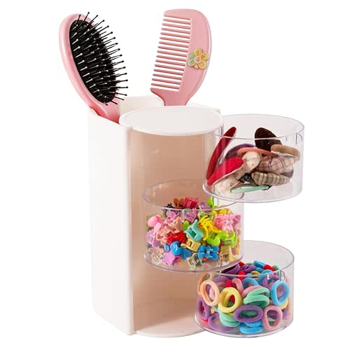 Hair Accessories Organizer, 3-Tier Vanity Caddy, White | Hair & jewelry organizer for girls, teens, women – holds claw clips, scrunchies, hair ties, earrings, makeup brushes