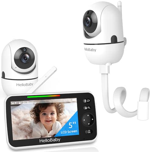 HelloBaby Baby Monitor 2 Cameras with Mount, Upgrade 5’’ IPS Screen 26-Hour Battery Life, Crib Baby Monitor Mount Without Tools or Wall Damage