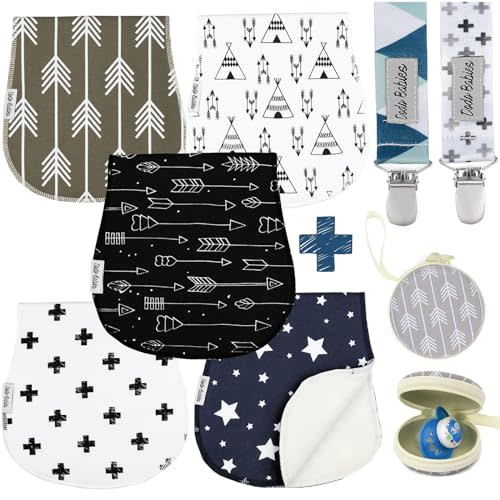Dodo Babies 5-Pack Baby Burp Cloths – Soft, Absorbent Cotton Burp Cloths – Includes Pacifier Case and 2 Pacifier Clips – Colors: Blue, Grey and Black - Pacifier Clip