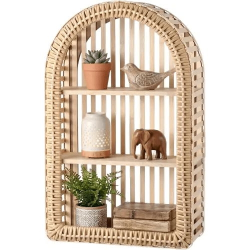 Pinkunn 20'' x 12'' 3 Tier Rattan Wall Shelf Boho Arch Hanging Shelves Arched Wall Mounted Wicker Shelf Decorative Farmhouse Handcraft Floating Storage Display Rack for Bathroom Living Room Decor
