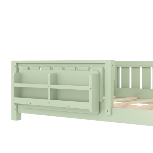 Daybed Montessori Floor Bed Frame Built-in Bookshelf, Wood Kids Bed Platform Bed with Safety Guardrail, No Box Spring Needed